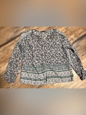 Lucky Brand Olive and Mauve Floral Border Long Sleeve Top
